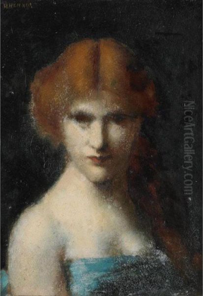 Woman With Red Hair Tied Back Wearing A Blue Dress Oil Painting by Jean-Jacques Henner