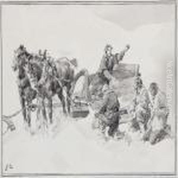 Scene With Persons By A Horse-drawn Sleigh Oil Painting by Erik Henningsen