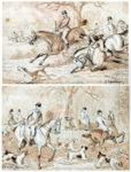 Wash Drawings Hunting Scenes Oil Painting by Edward Benjamin Herberte