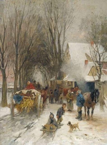 Winterliche Dorfstrase Mit Regem Treiben Vor Einer Schmiede Oil Painting by Thomas Ludwig Herbst