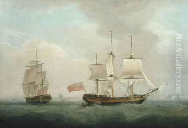 A Merchantman in Two Positions off the South Coast Oil Painting by Thomas Whitcombe