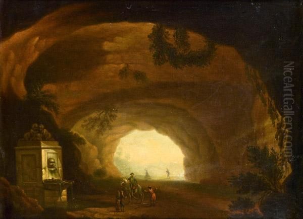 Grotte Mit Antikem Brunnen Und Staffage Oil Painting by Georg Heinrich Hergenroder