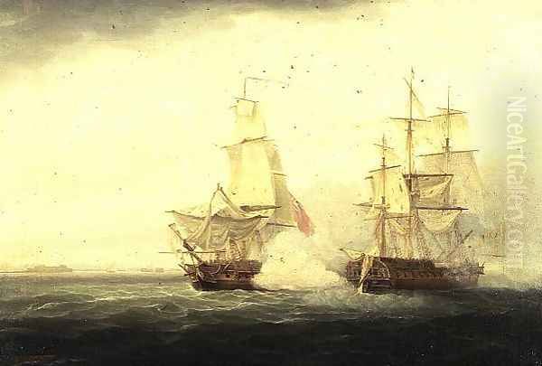 The Crescent and the Reunion off Cherbourg in October 1793 Oil Painting by Thomas Whitcombe