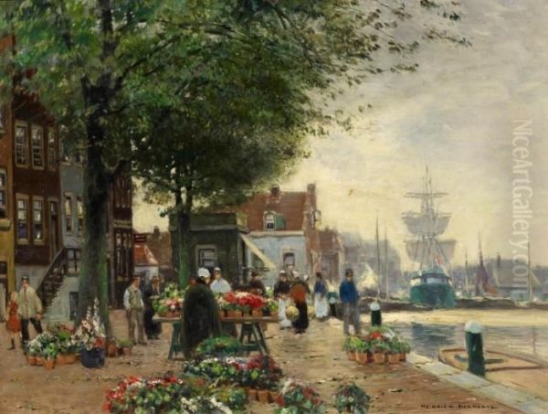 A Flower Market In A Dutch City Oil Painting by Heinrich Hermanns