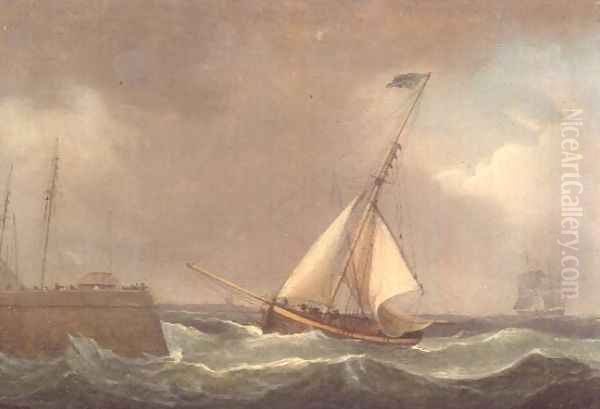 An Indiaman at anchor Oil Painting by Thomas Whitcombe