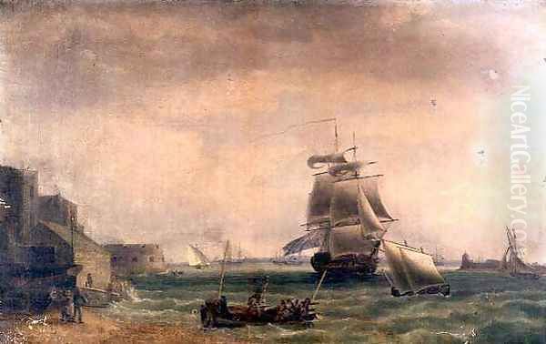 Men-O'-War and Small Craft at Portsmouth Harbour Oil Painting by Thomas Whitcombe