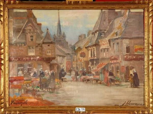 Marche Anime Dans Les Rues De Paimpol Oil Painting by Lievin Herremans