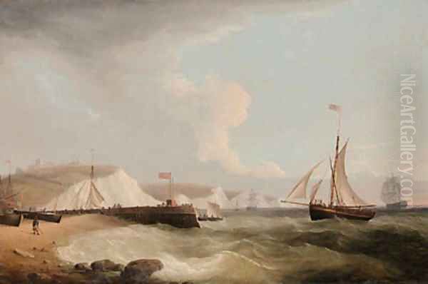 A Mail-Cutter, men-o'-war and other vessels below Dover Castle Oil Painting by Thomas Whitcombe