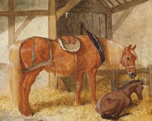 A Mare And Foal In A Loose-box Oil Painting by John Frederick Herring Snr