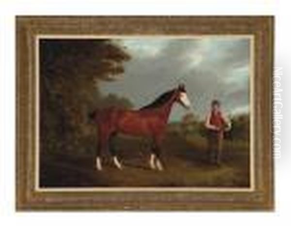 The Racehorse Whiteface With Groom J. Gilham Oil Painting by John Frederick Herring Snr