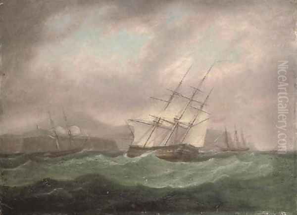 A squadron of the fleet off a rocky coast, possibly Flamborough Head Oil Painting by Thomas Whitcombe