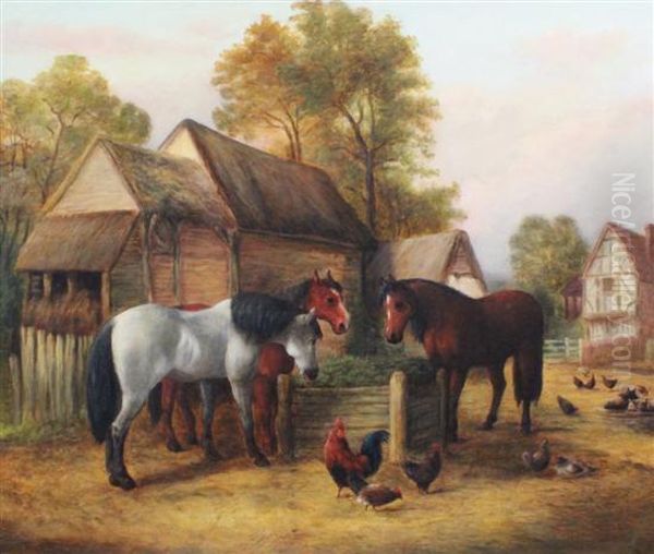 Chicken And Horses In A Farmyard Oil Painting by John Frederick Herring Snr