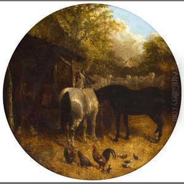 Horses And Ducks, Horses And Chickens: Two Oil Painting by John Frederick Herring Snr