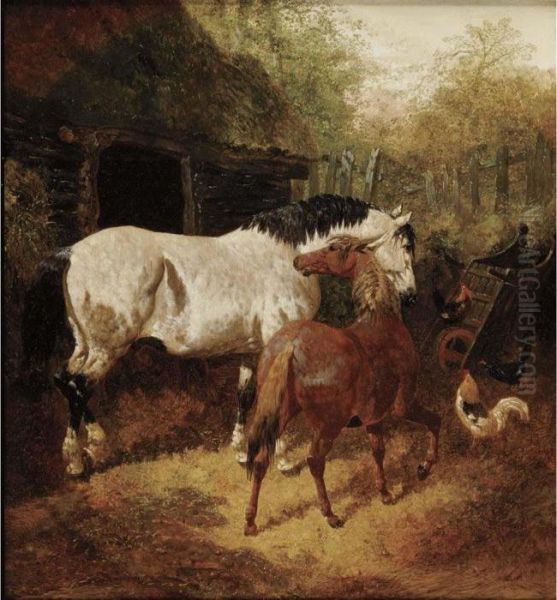 Farmyard Scene With Horses And Roosters Oil Painting by John Frederick Herring Snr