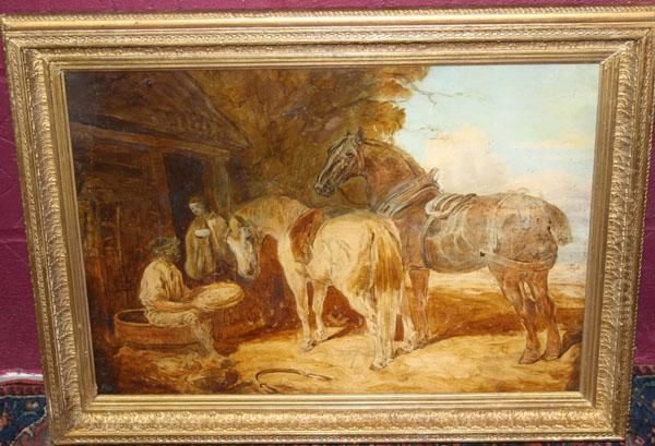 Rural Workers With Horses Outside A Cottage Oil Painting by John Frederick Herring Snr