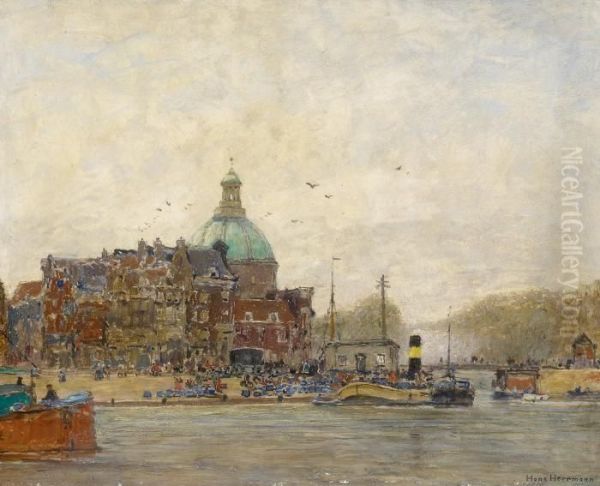 Canal View Of Amsterdam Oil Painting by Hans Herrmann