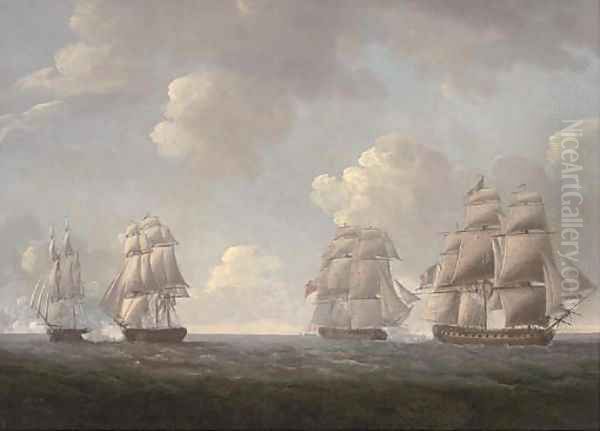 His Majesty's Ships Santa Margarita and Unicorn engaging two French frigates west of the Scilly Isles, 8th June, 1796 Oil Painting by Thomas Whitcombe