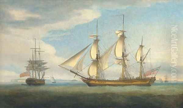 The merchantman Blenheim of London in two positions in the Downs Oil Painting by Thomas Whitcombe