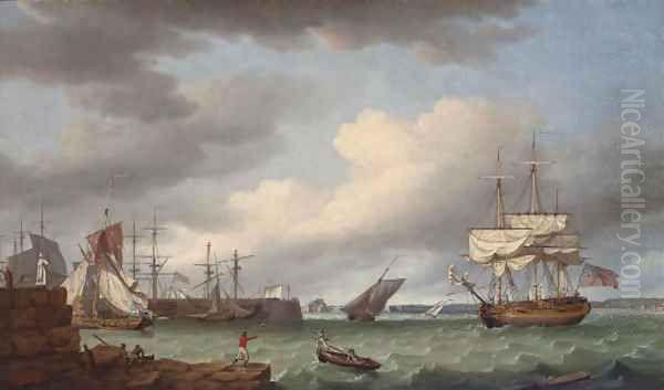 A view of St. Helier, Jersey, with Elizabeth Castle beyond Oil Painting by Thomas Whitcombe