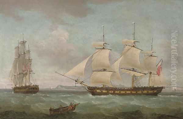 An East Indiaman in two positions off Dover, with the pilot cutter approaching off her starboard bow Oil Painting by Thomas Whitcombe