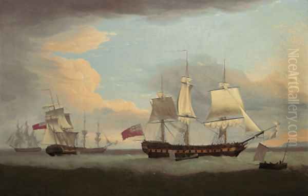 The East Indiaman Hindostan in company with Indian Trader, Ewretta and Nancy, ships employed in the Canada trade Oil Painting by Thomas Whitcombe