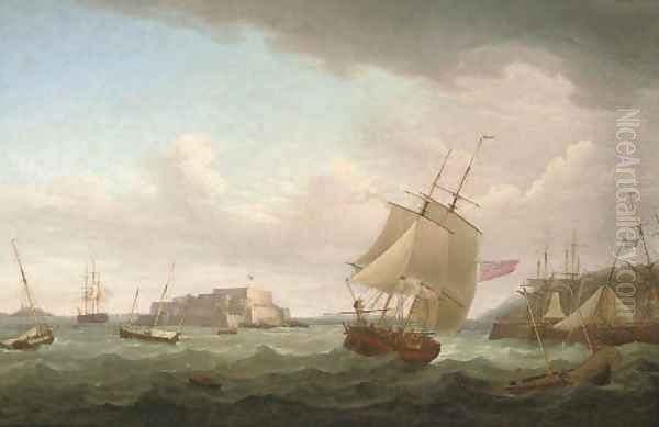 A merchantman and other vessels off Castle Cornet, Guernsey 2 Oil Painting by Thomas Whitcombe