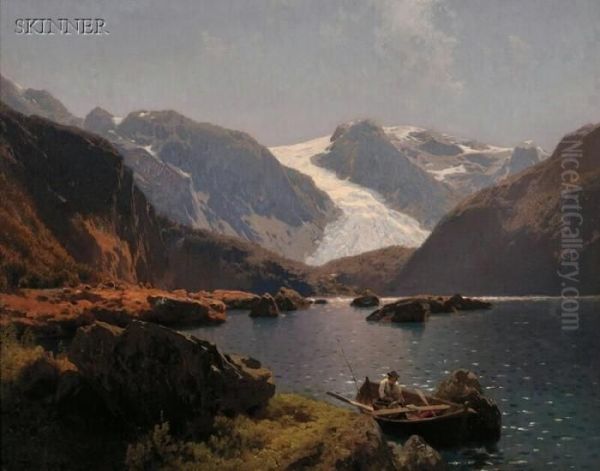 Fisherman On A Mountain Lake Oil Painting by Herman Herzog