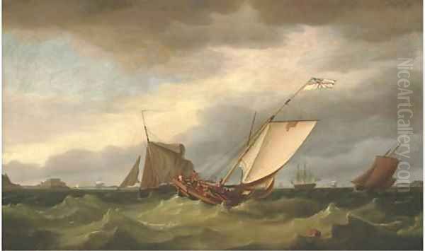 The Guernsey Packet beating out of St. Helier in a heavy swell, with Elizabeth Castle off her port beam, 1785 Oil Painting by Thomas Whitcombe