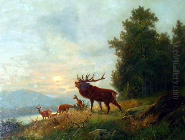 Flusslandschaft In Vorabendstimmung Mit Kronhirsch Und Tieren Am Waldhang Oil Painting by Joseph Friedrich N. Heydendahl