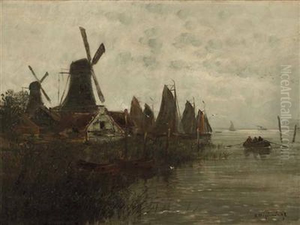 Hollandischer Fischerhafen Mit Windmuhle Oil Painting by Joseph Friedrich N. Heydendahl