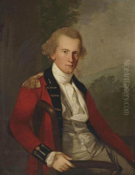 Portrait Of A Gentleman, 
Three-quarter-length, Seated, In A White Waistcoat And A Red Coat, In A 
Landscape Oil Painting by Thomas Hickey