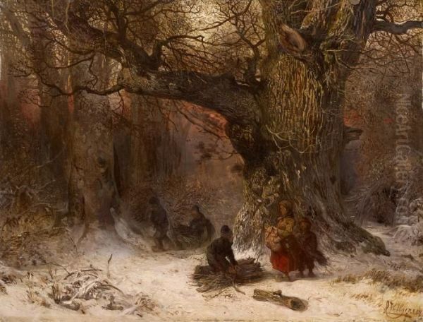 Wood Gatherers In A Winter Landscape Oil Painting by Carl Hilgers