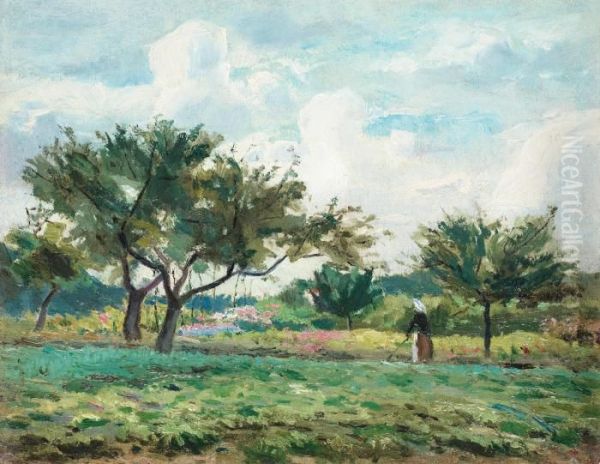 French Orchard Oil Painting by Carl Fredrik Hill