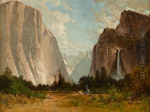 An Indian Encampment In The Yosemite Valley Oil Painting by Thomas Hill