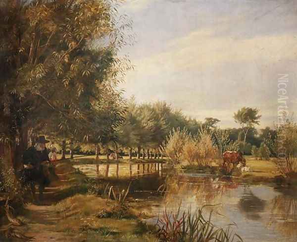 Isaak Walton Fishing, A Summers Day on the Banks of the River Colne Oil Painting by Edward Matthew Ward