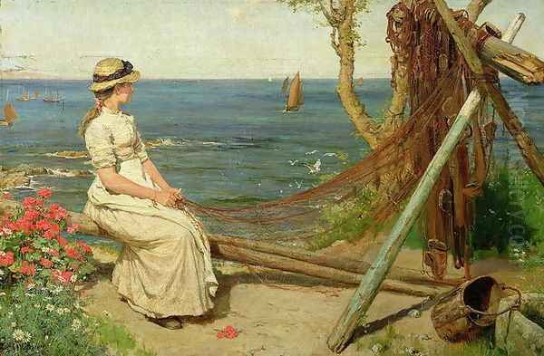 Mending the Nets, Newlyn, Cornwall, 1882 Oil Painting by Ernest Albert Waterlow