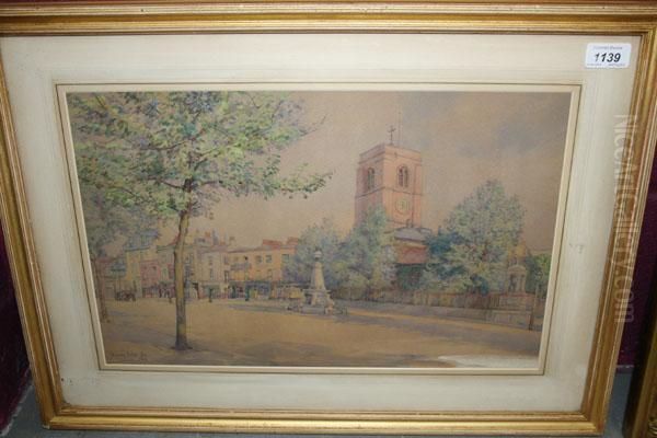 Street Scene With Church Oil Painting by Harry T. Hine