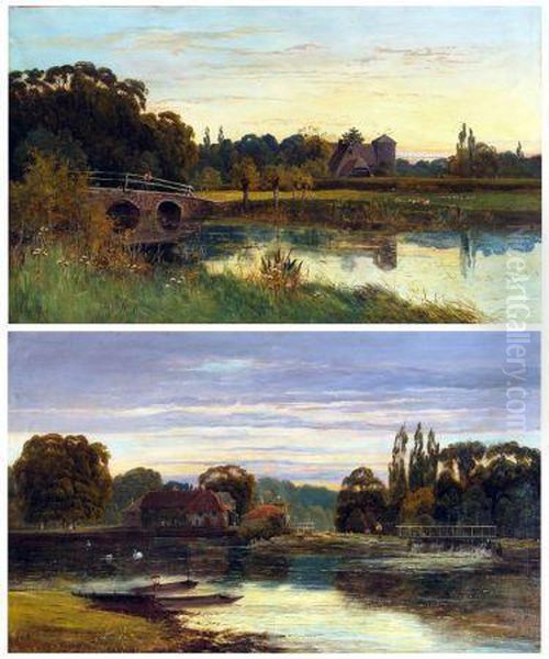 Thames River Views: One With Watermill, Figures Fishing Oil Painting by Theodore Hines