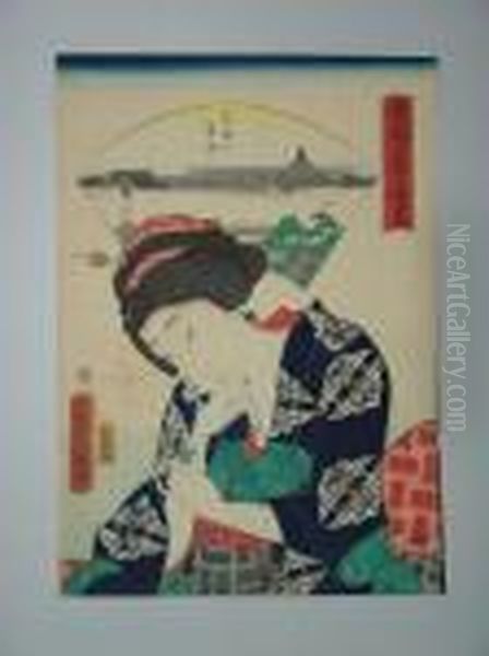 Une Jeune Femme En Buste Tient Un Fruit Oil Painting by Utagawa or Ando Hiroshige