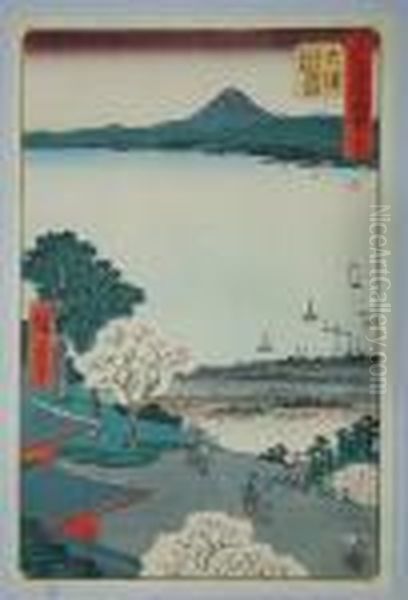 Vue De La Pagode Miidera Sur Le Lac Biwa Et La Ville D'otsu Oil Painting by Utagawa or Ando Hiroshige