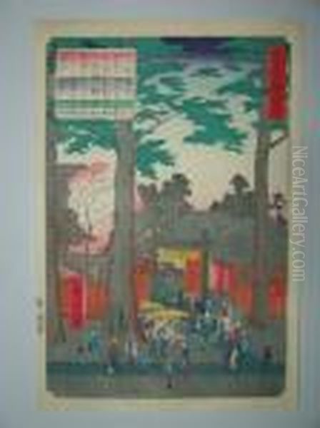 Le Marche Sous Les Cryptomerias Oil Painting by Utagawa or Ando Hiroshige