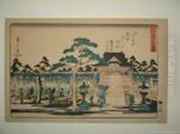 Le Jardin De Glycines A Kameido Oil Painting by Utagawa or Ando Hiroshige