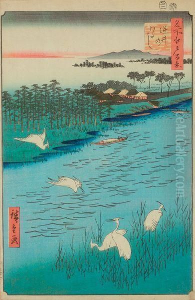 Le Lac A Sakasai Oil Painting by Utagawa or Ando Hiroshige