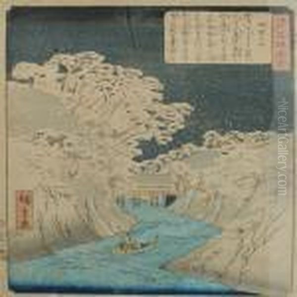 Woodcut Decorated In Colours With River Landscape Oil Painting by Utagawa or Ando Hiroshige