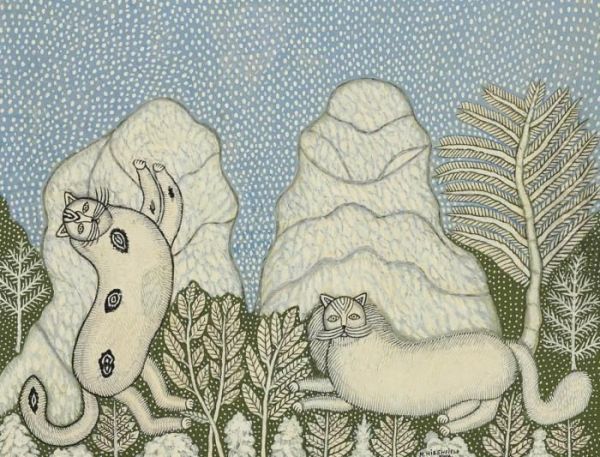 Cats In The Snow Oil Painting by Morris Hirshfield