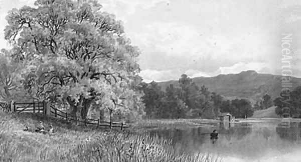 Figures having a Picnic beside a Lake in a mountainous Landscape Oil Painting by Ernest Albert Waterlow