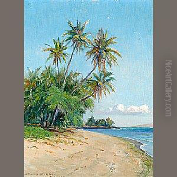 Hawaiian Beach With Palm Trees Oil Painting by David Howard Hitchcock