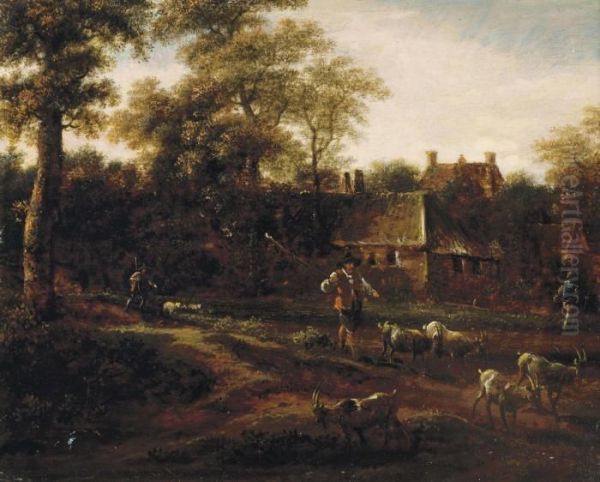 A Wooded Landscape Oil Painting by Meindert Hobbema