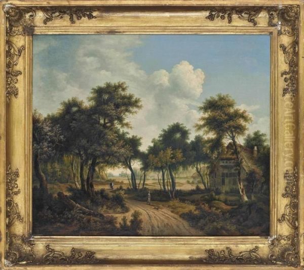 A Wooded Landscape With A Huntsman And His Dog On A Track, A Village Beyond Oil Painting by Meindert Hobbema