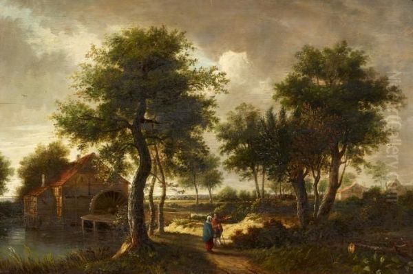 Landscape With Water Mill And Figures Oil Painting by Meindert Hobbema